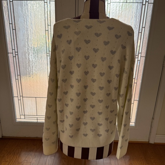 Splendid Hazel Hearts V-Neck Knit Sweater Ivory w/ Metallic Silver Hearts Size L - Picture 7 of 13